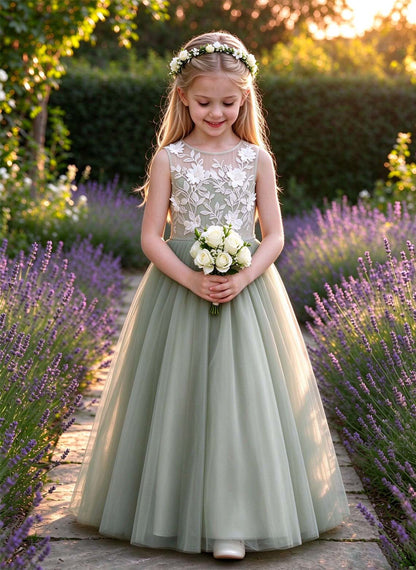 Floryme A-line Scoop Tulle Lace Floor-Length Flower Girl Dress
