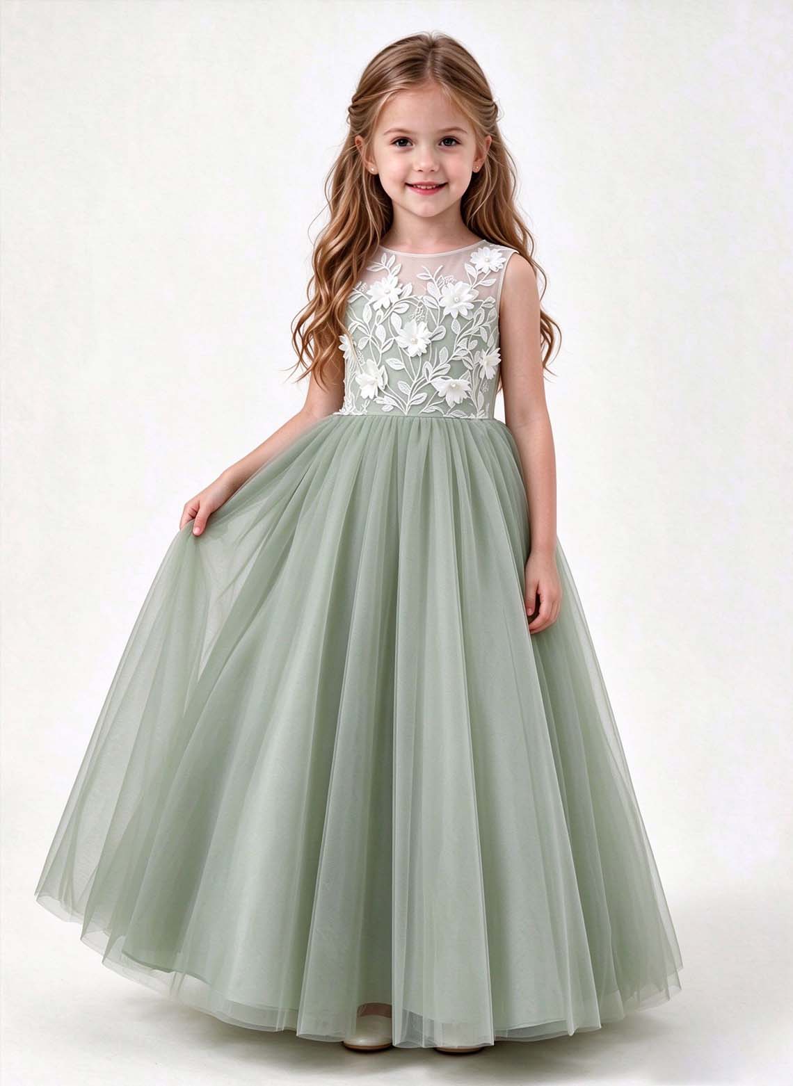 Floryme A-line Scoop Tulle Lace Floor-Length Flower Girl Dress
