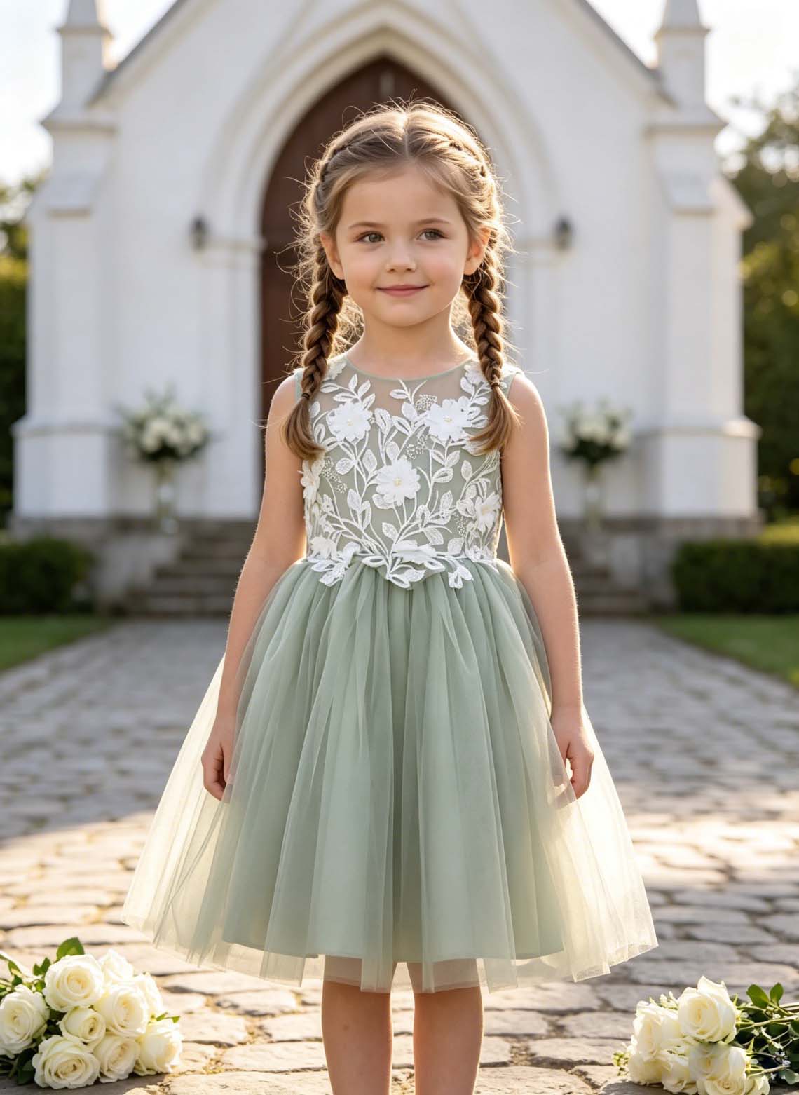 Floryme A-line Scoop Tulle Lace Knee-Length Flower Girl Dress