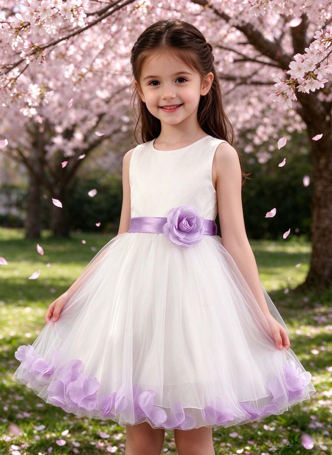 Floryme Satin Knee-length Flower Girl Dress with Flower