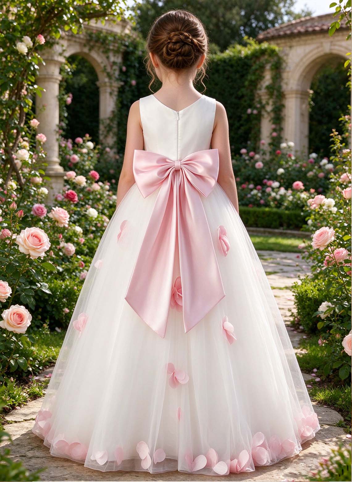 Floryme A-line Scoop Satin Tulle Floor-Length Flower Girl Dress