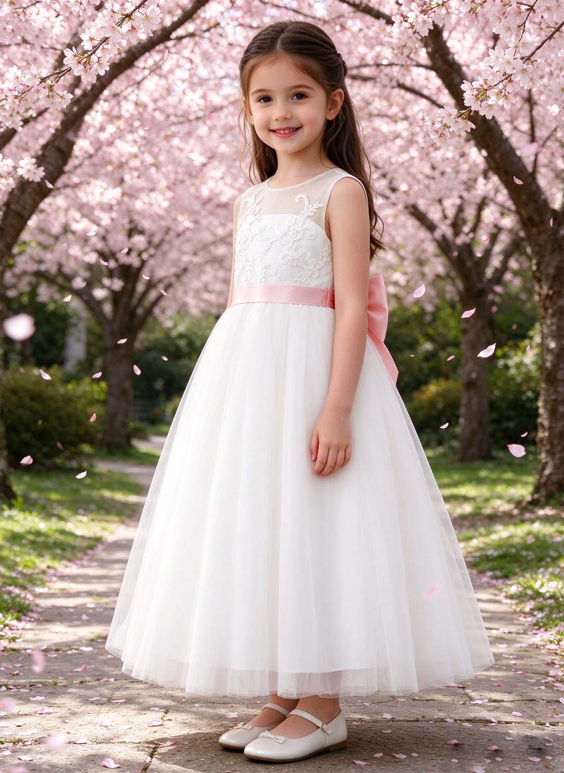 Floryme A-line Scoop Satin Tulle Floor-Length Flower Girl Dress