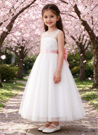Floryme A-line Scoop Satin Tulle Floor-Length Flower Girl Dress