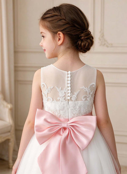 Floryme A-line Scoop Satin Tulle Floor-Length Flower Girl Dress