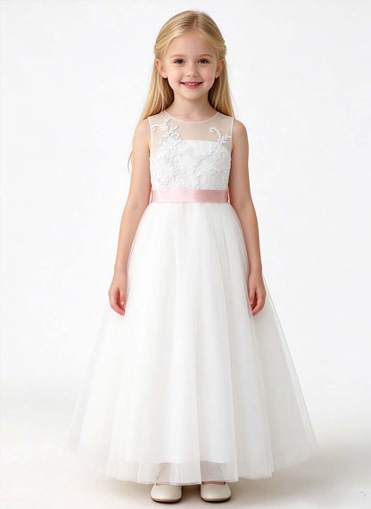 Floryme A-line Scoop Satin Tulle Floor-Length Flower Girl Dress