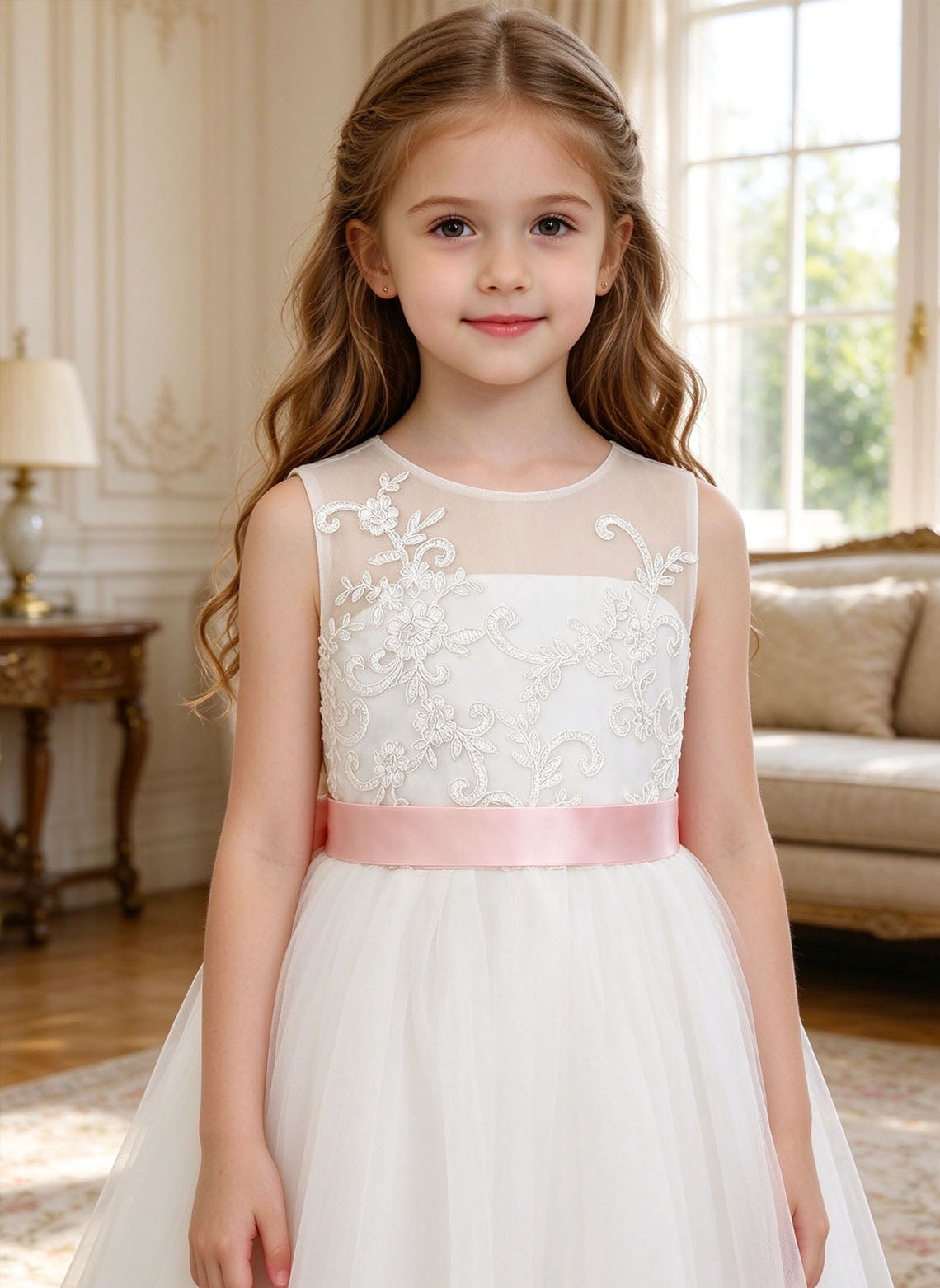 Floryme A-line Scoop Satin Tulle Floor-Length Flower Girl Dress