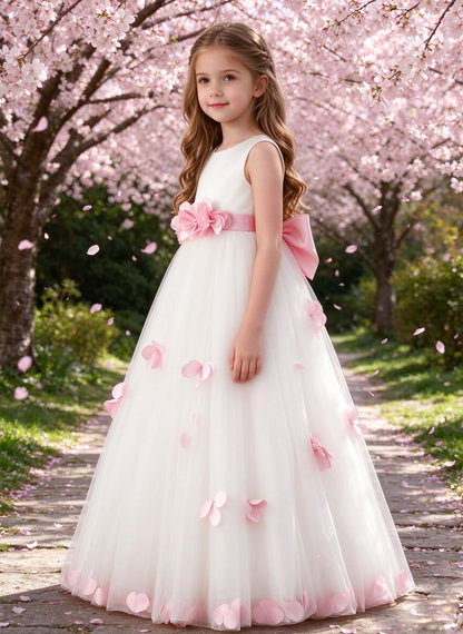 Floryme A-line Scoop Satin Tulle Floor-Length Flower Girl Dress