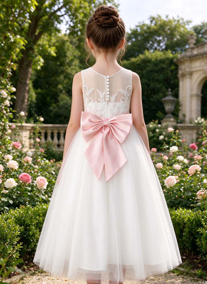 Floryme A-line Scoop Satin Tulle Floor-Length Flower Girl Dress