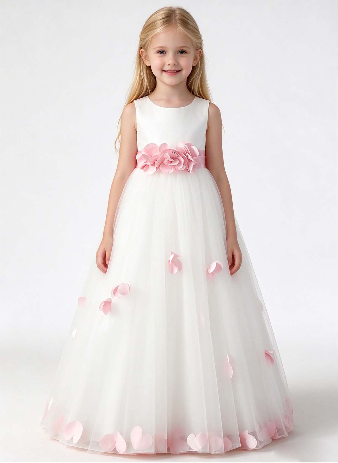 Floryme A-line Scoop Satin Tulle Floor-Length Flower Girl Dress