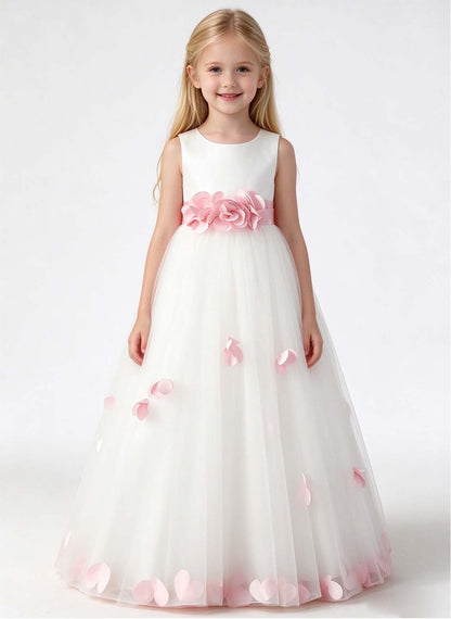 Floryme A-line Scoop Satin Tulle Floor-Length Flower Girl Dress