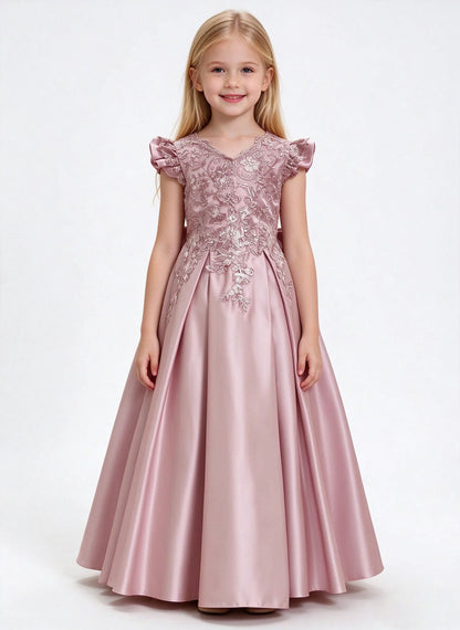 Floryme A-line Scoop Satin Lace Floor-Length Flower Girl Dress