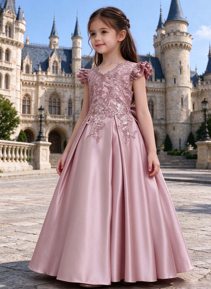 Floryme A-line Scoop Satin Lace Floor-Length Flower Girl Dress