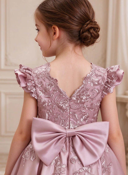 Floryme A-line Scoop Satin Lace Floor-Length Flower Girl Dress