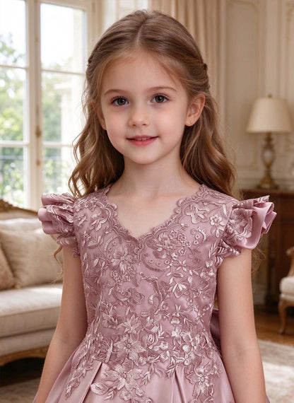 Floryme A-line Scoop Satin Lace Floor-Length Flower Girl Dress