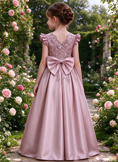 Floryme A-line Scoop Satin Lace Floor-Length Flower Girl Dress