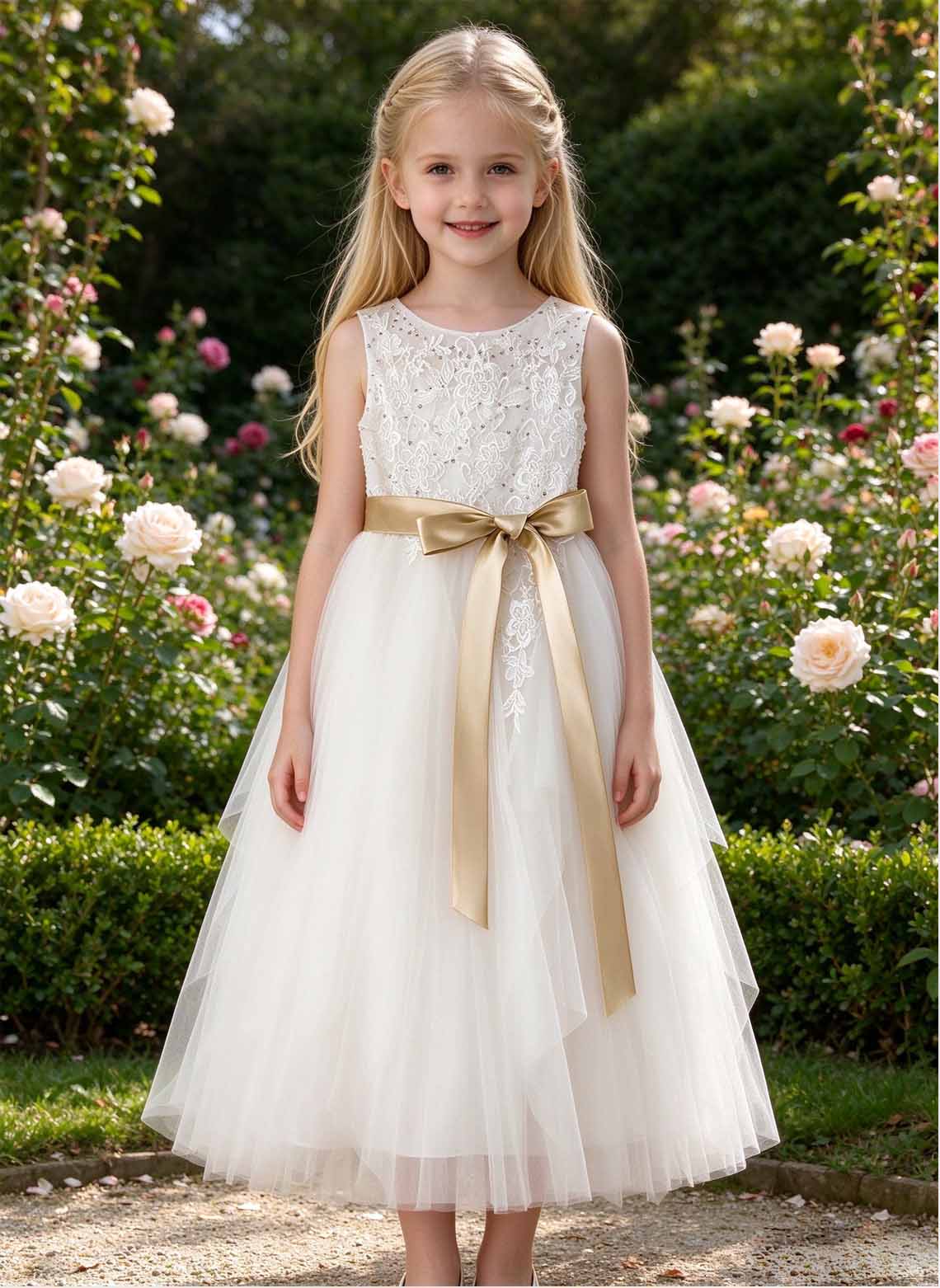 Floryme A-line Scoop Tulle Tea-Length Flower Girl Dress