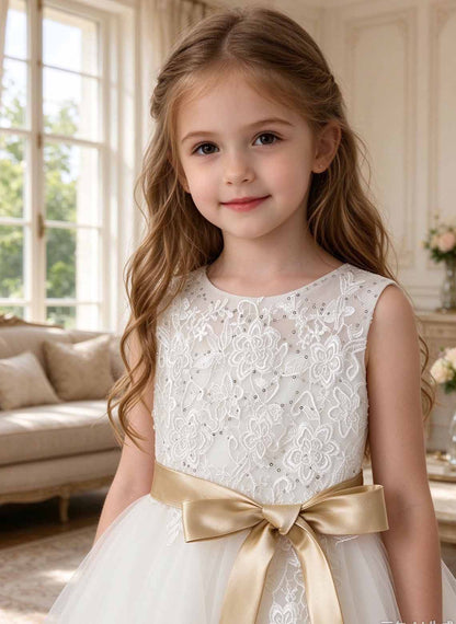 Floryme A-line Scoop Tulle Tea-Length Flower Girl Dress