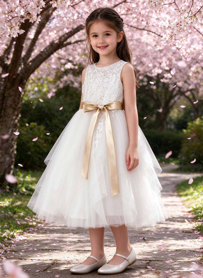 Floryme A-line Scoop Tulle Tea-Length Flower Girl Dress