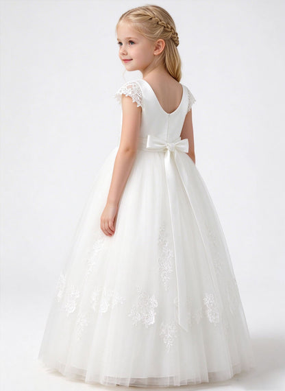 Floryme A-line Scoop Tulle Lace Floor-Length Flower Girl Dress