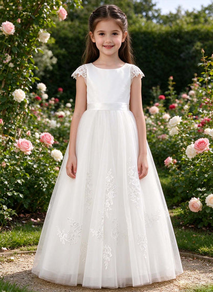 Floryme A-line Scoop Tulle Lace Floor-Length Flower Girl Dress