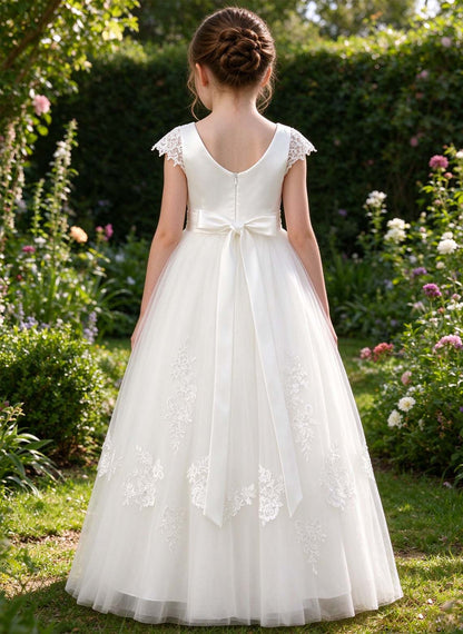 Floryme A-line Scoop Tulle Lace Floor-Length Flower Girl Dress