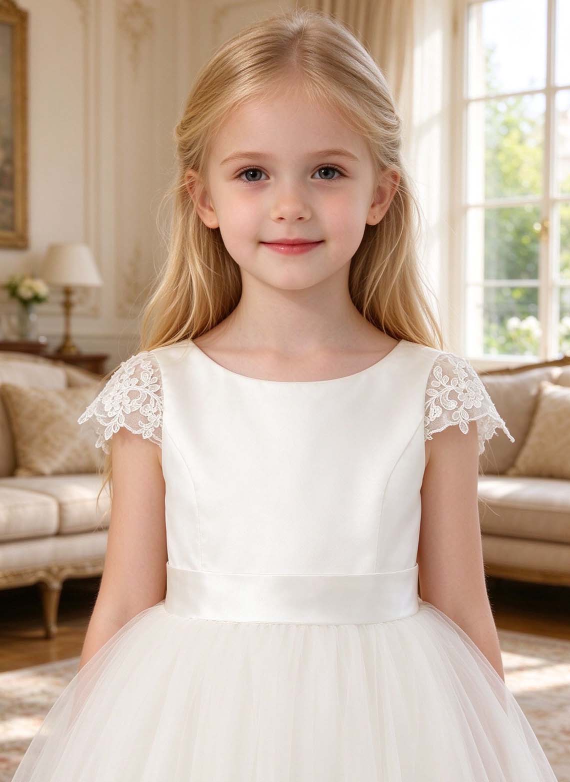 Floryme A-line Scoop Tulle Lace Floor-Length Flower Girl Dress