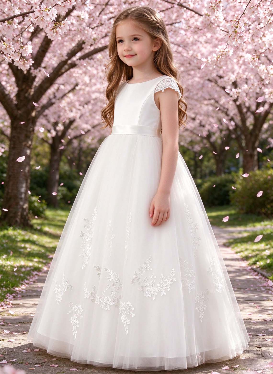Floryme A-line Scoop Tulle Lace Floor-Length Flower Girl Dress