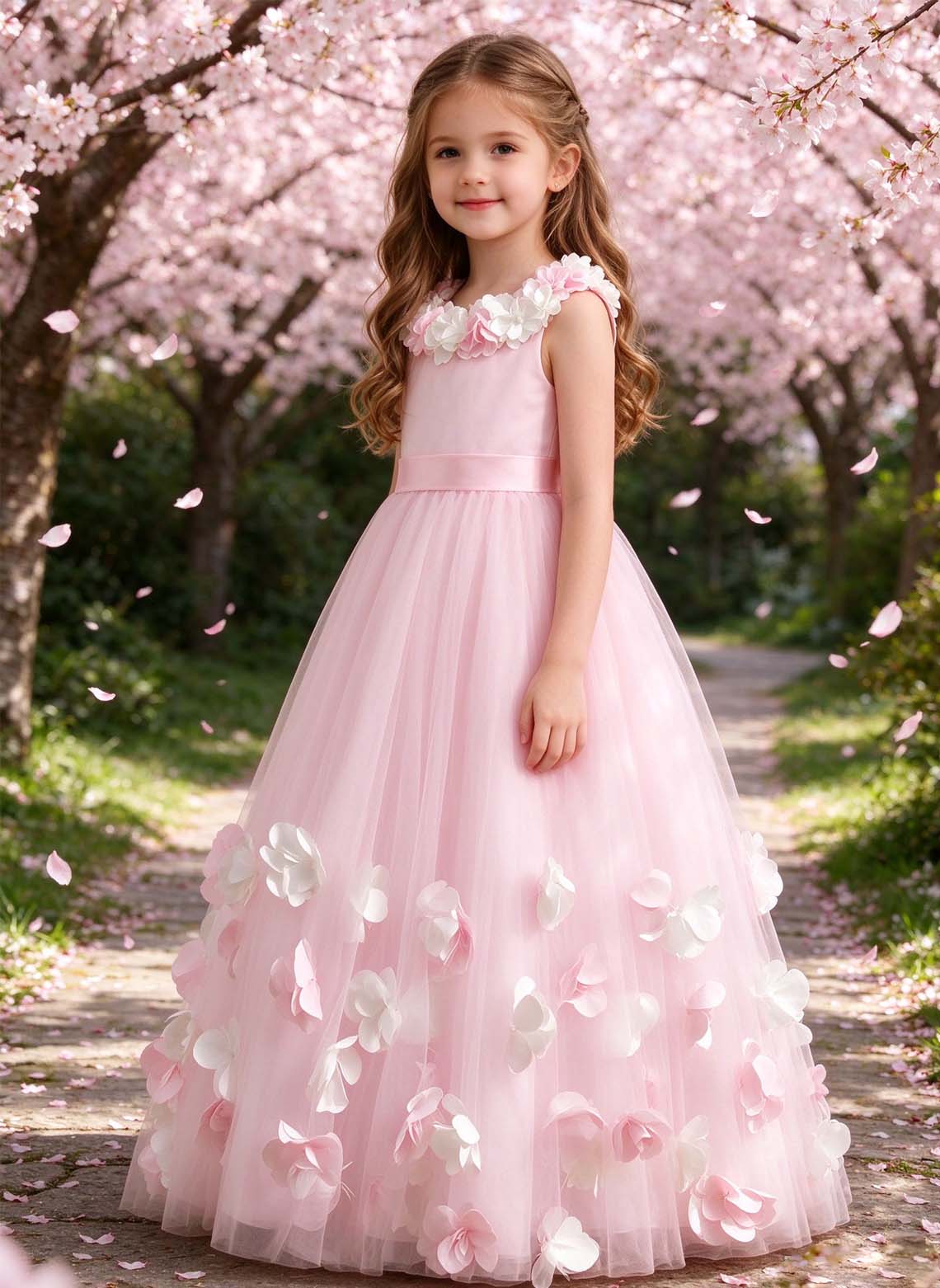 Floryme A-line Scoop Tulle Satin Floor-Length Flower Girl Dress