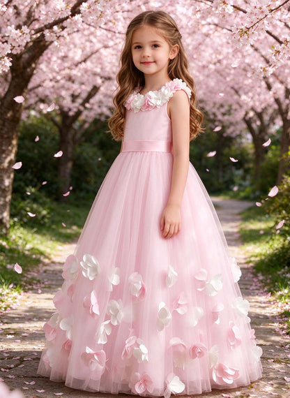 Floryme A-line Scoop Tulle Satin Floor-Length Flower Girl Dress