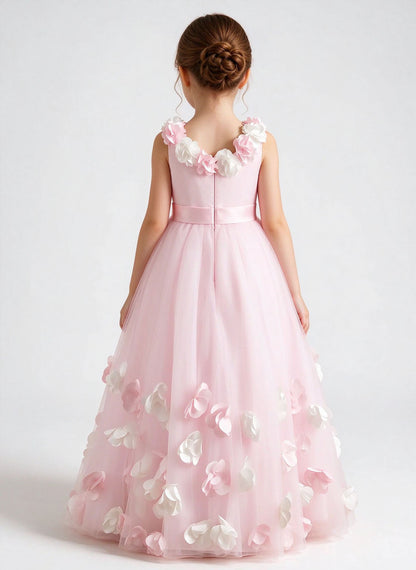 Floryme A-line Scoop Tulle Satin Floor-Length Flower Girl Dress