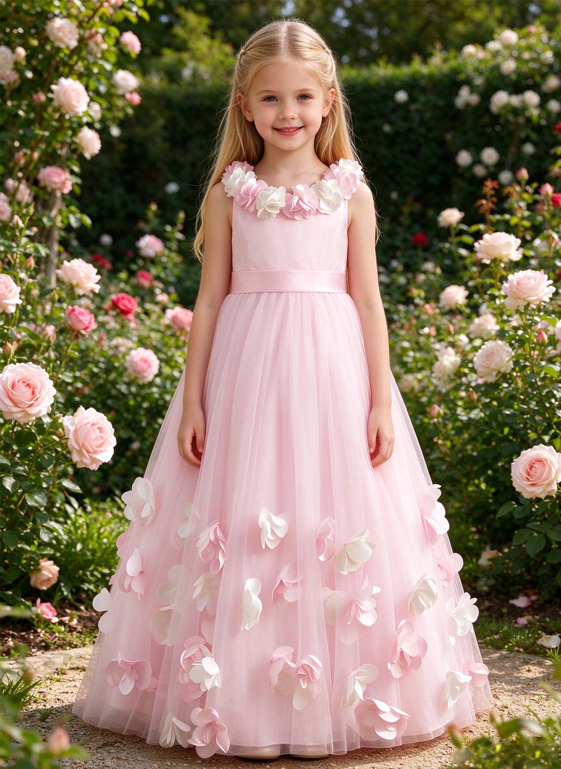 Floryme A-line Scoop Tulle Satin Floor-Length Flower Girl Dress