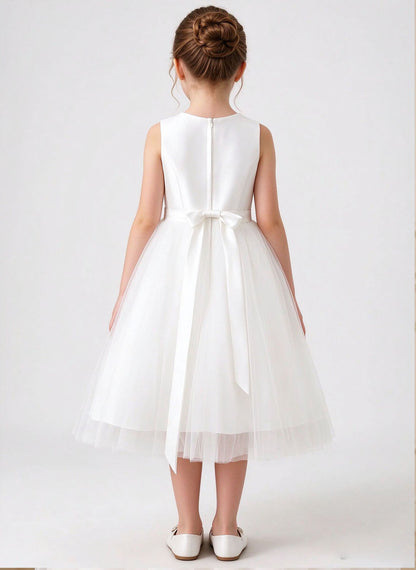 Floryme A-line Scoop Satin Tulle Tea-Length Flower Girl Dress