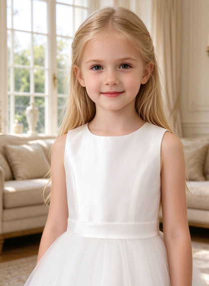Floryme A-line Scoop Satin Tulle Tea-Length Flower Girl Dress