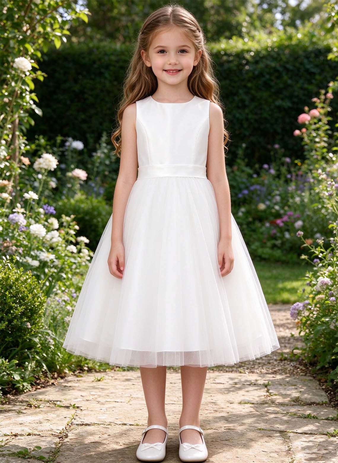 Floryme A-line Scoop Satin Tulle Tea-Length Flower Girl Dress