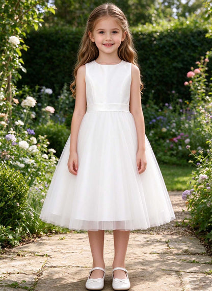 Floryme A-line Scoop Satin Tulle Tea-Length Flower Girl Dress