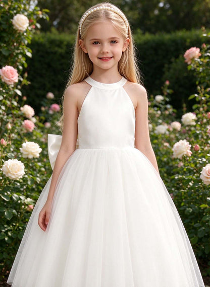 Floryme A-line High Neck Satin Tea-Length Flower Girl Dress
