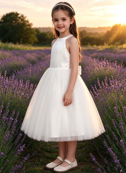 Floryme A-line High Neck Satin Tea-Length Flower Girl Dress