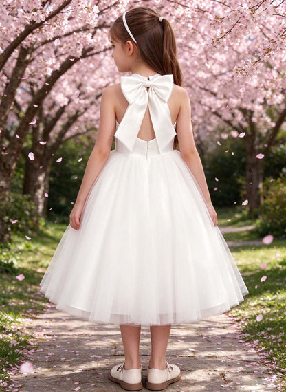 Floryme A-line High Neck Satin Tea-Length Flower Girl Dress