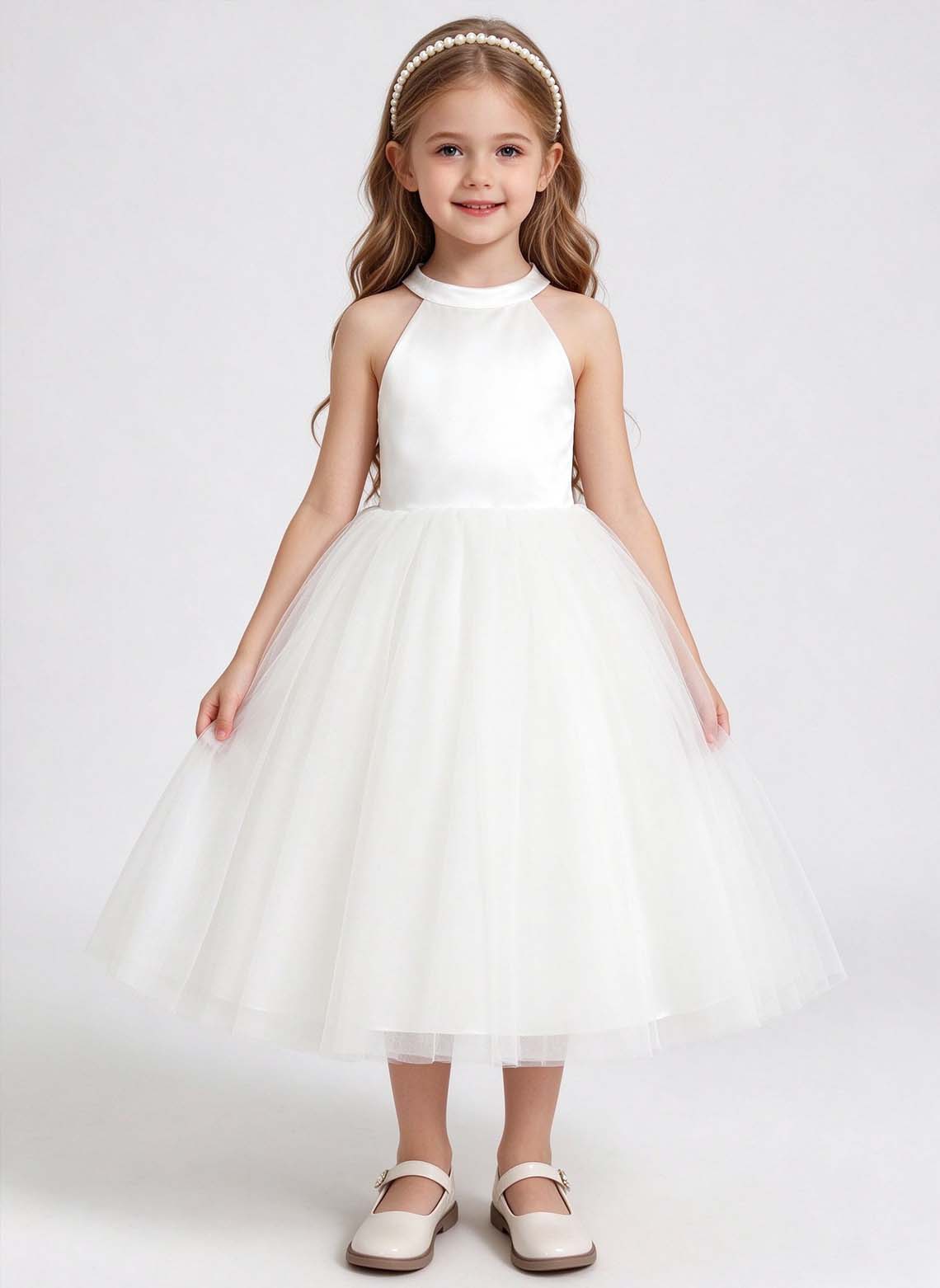 Floryme A-line High Neck Satin Tea-Length Flower Girl Dress