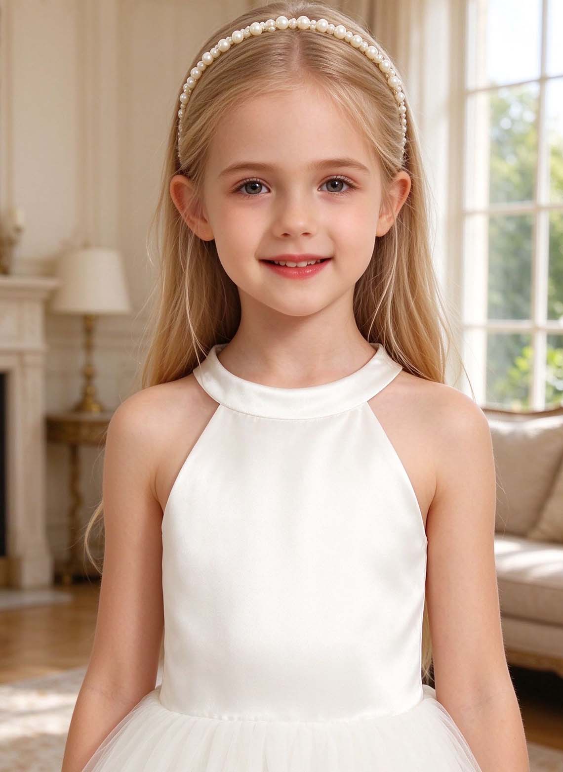 Floryme A-line High Neck Satin Tea-Length Flower Girl Dress