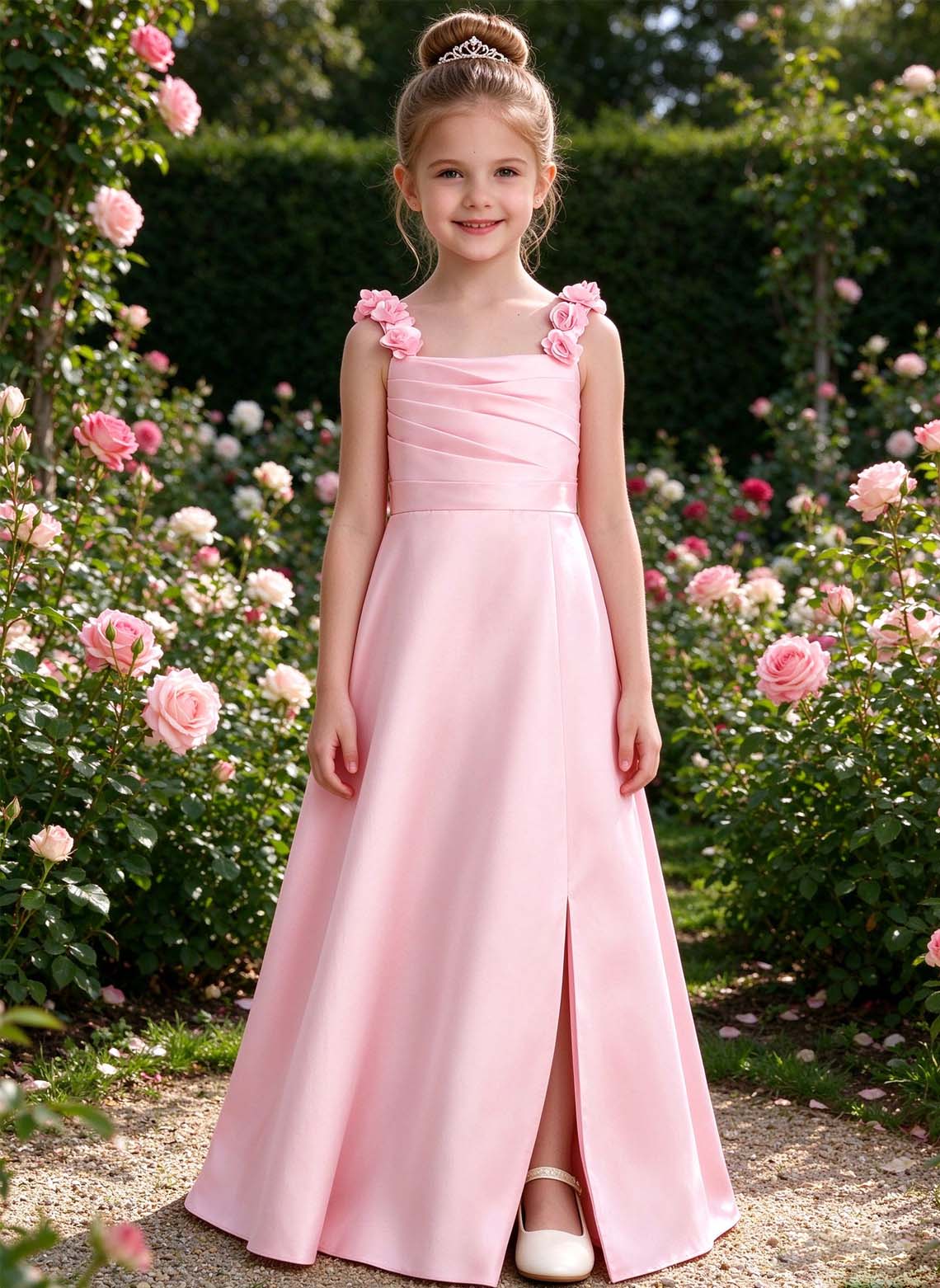 Floryme A-line Scoop Chiffon Satin Floor-Length Flower Girl Dress