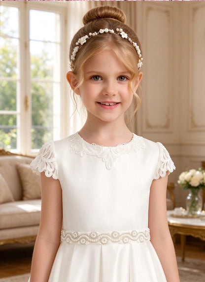 Floryme A-line Scoop Satin Lace Floor-Length Flower Girl Dress