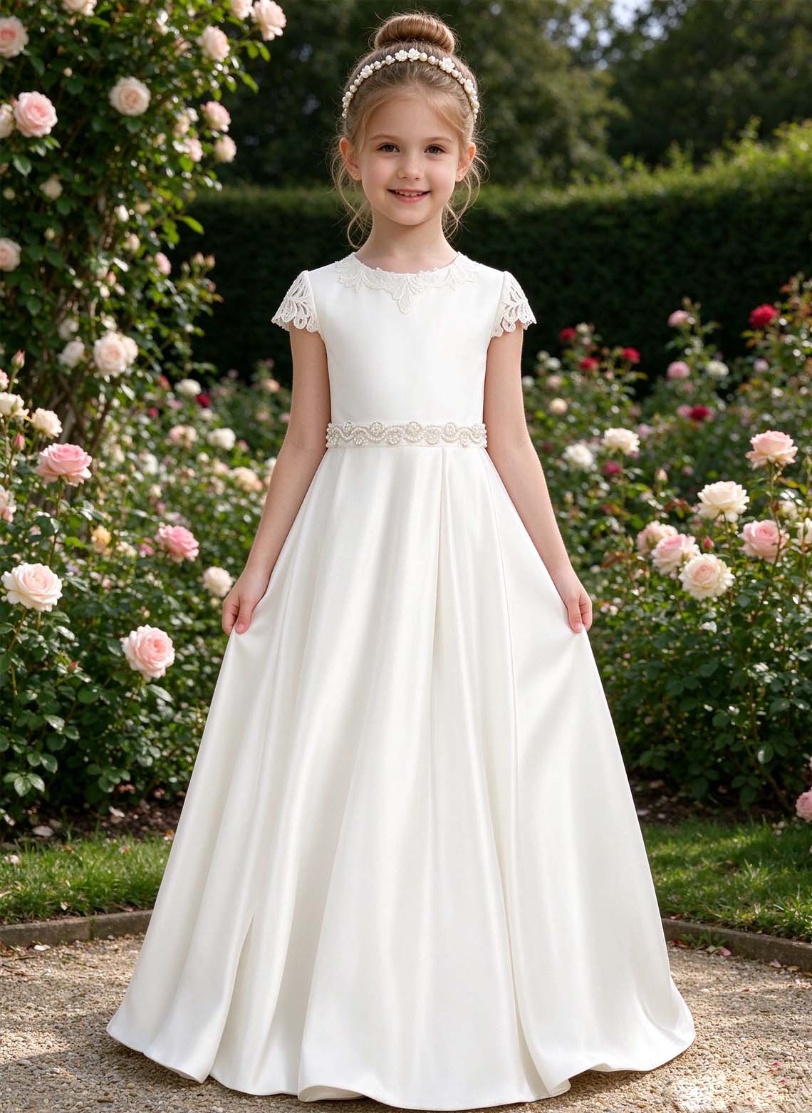 Floryme A-line Scoop Satin Lace Floor-Length Flower Girl Dress