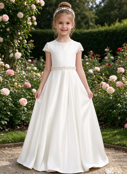 Floryme A-line Scoop Satin Lace Floor-Length Flower Girl Dress