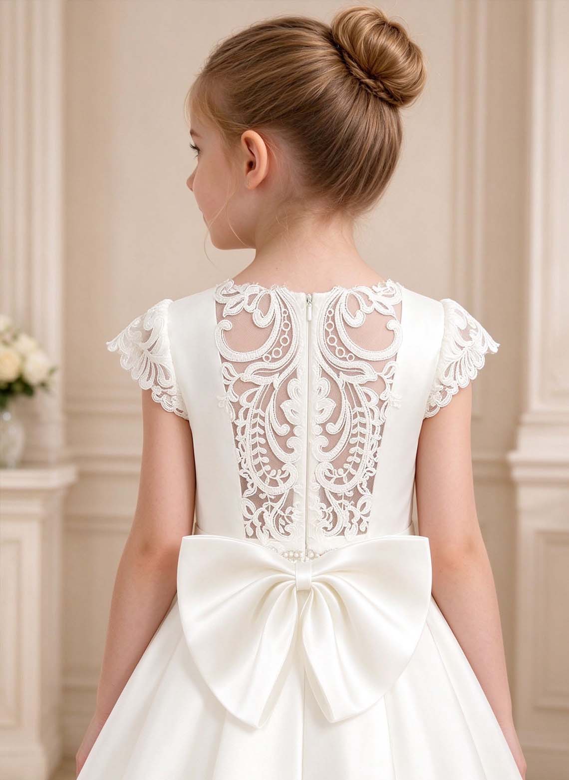Floryme A-line Scoop Satin Lace Floor-Length Flower Girl Dress