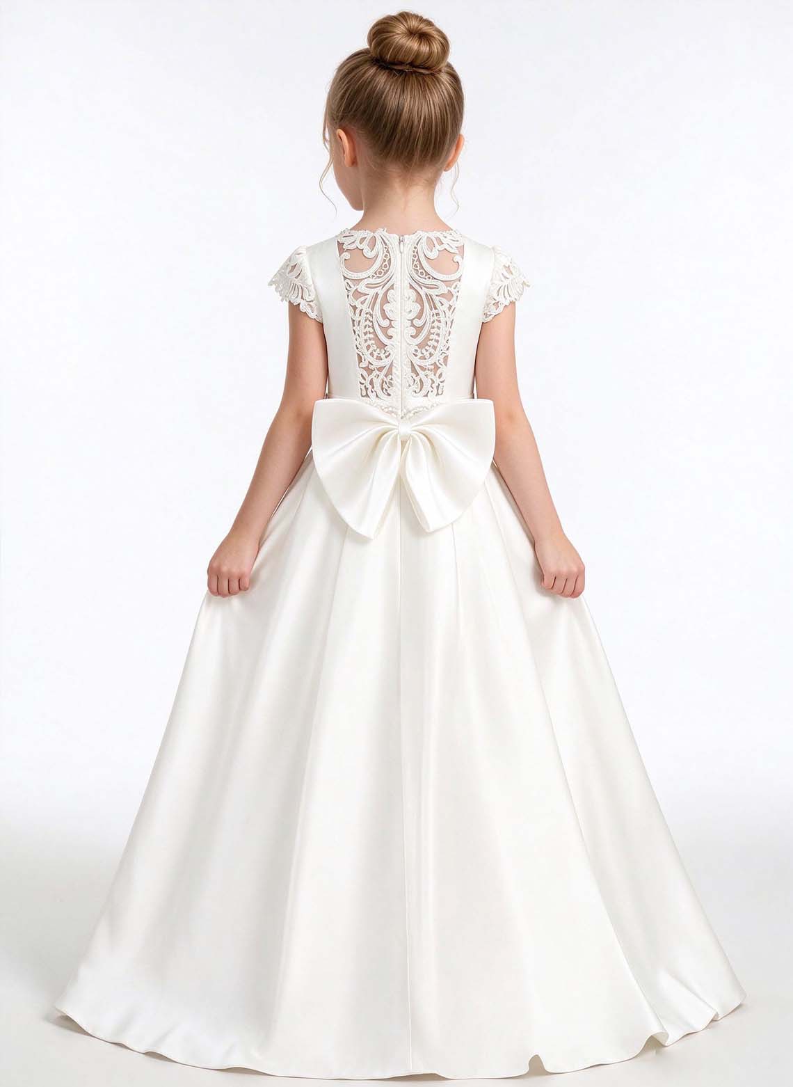Floryme A-line Scoop Satin Lace Floor-Length Flower Girl Dress