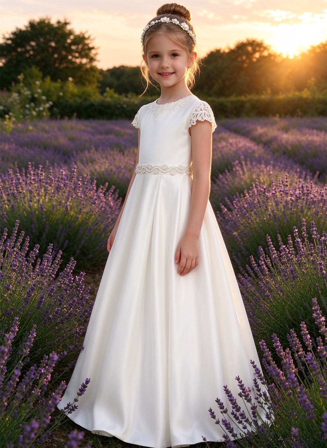 Floryme A-line Scoop Satin Lace Floor-Length Flower Girl Dress