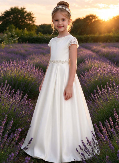 Floryme A-line Scoop Satin Lace Floor-Length Flower Girl Dress