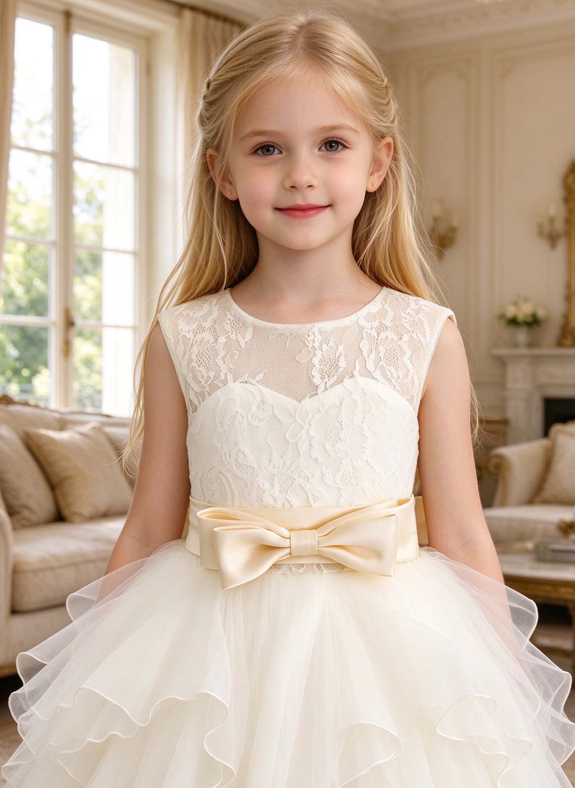 Floryme A-line Scoop Tulle Lace Floor-Length Flower Girl Dress
