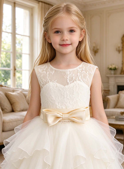 Floryme A-line Scoop Tulle Lace Floor-Length Flower Girl Dress